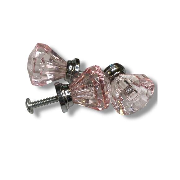Set of 3 Pink and Silvertone Crystal Knobs Drawer Pulls 25mm 1" New - Picture 1 of 7